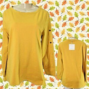 Cappagallo L Sunset Yellow Crew Neck SharkBite Hem Long Studded Sleeve Riley Top